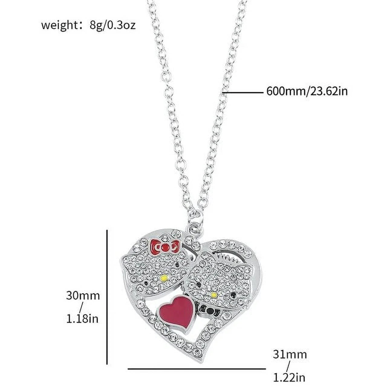 Kawaii Hello Kitty Necklace Kt Cat Love Heart Full Rhinestones Pendant Necklace Sanrio Cartoon Jewelry for Women Accessories