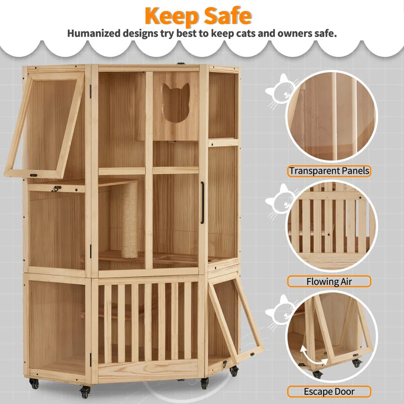 62" Corner Cat House Villa,Wooden Indoor Cat Enclosure with Scratching Post and Wheels