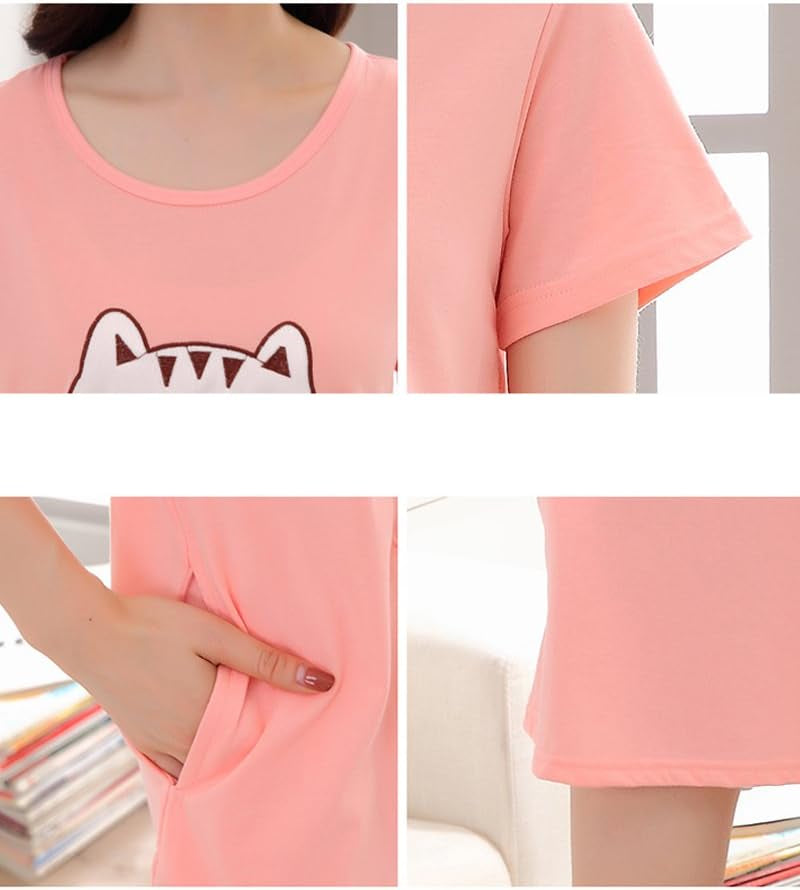 Big Girls' Cute Happy Cat Sleepwear Short Sleeve Summer Soft Nightgown