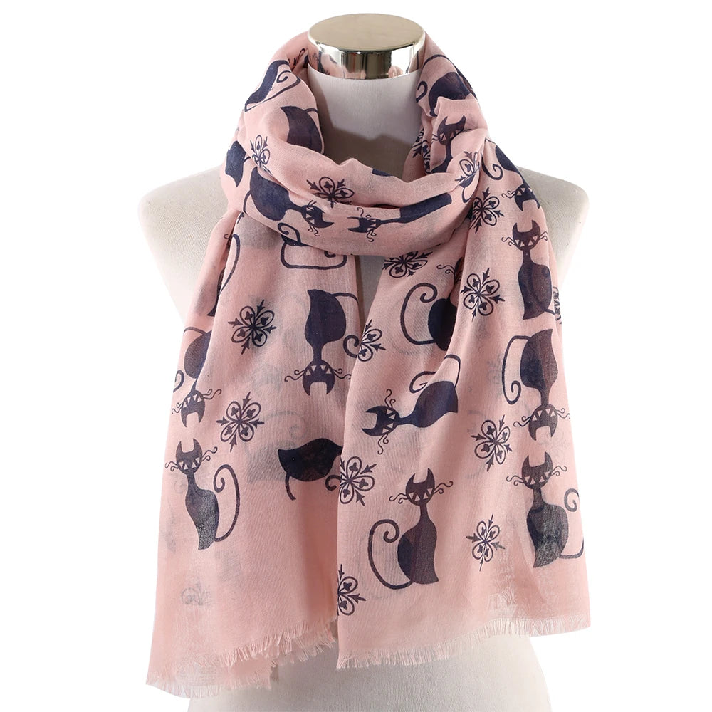 HUOBAO New Women Scarf Cat Printed Foulard Femme Animal Print Bufanda Mujer Scarves Shawl Wraps Mother Gifts