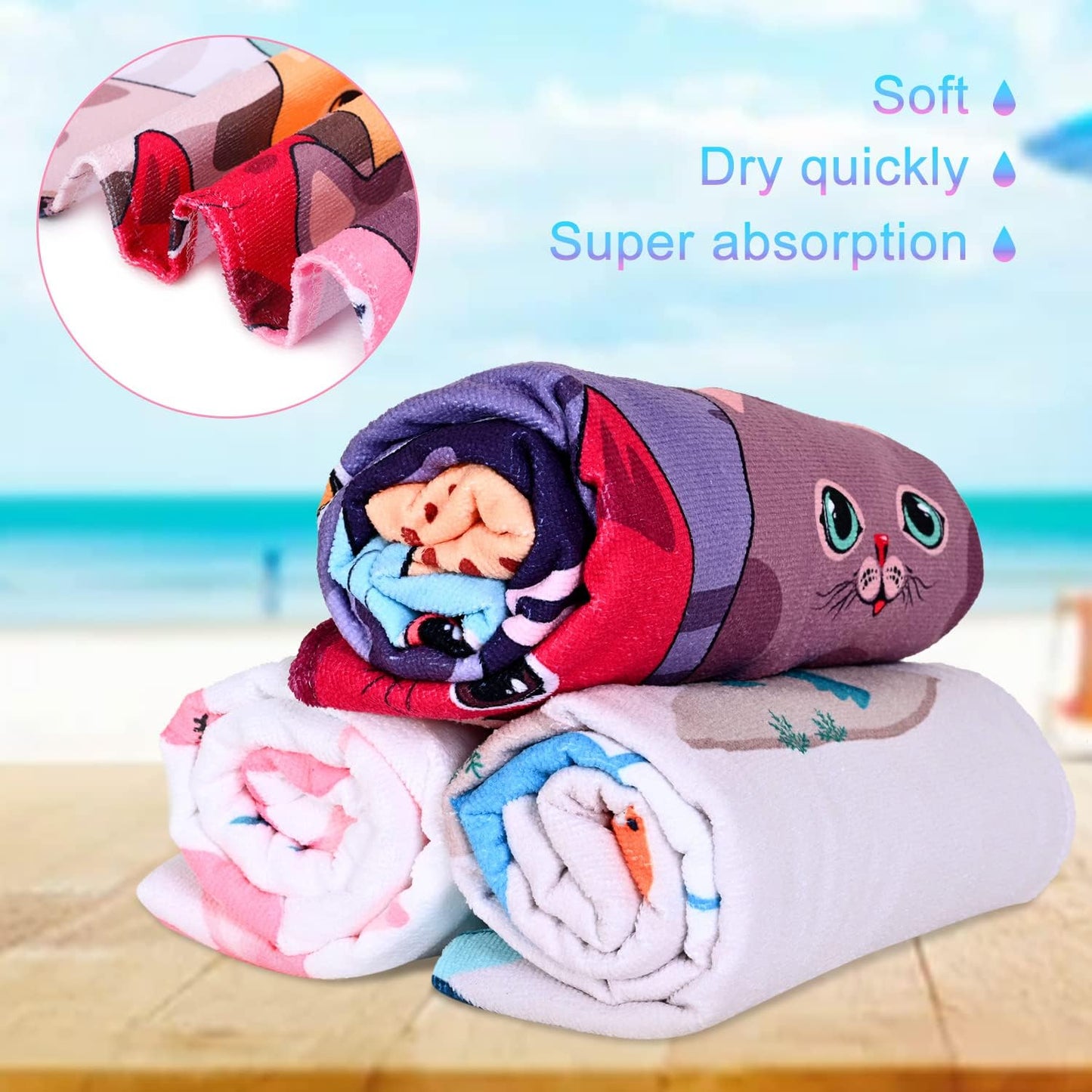 Large Kitten Cat Beach Towel, 30" X 60" Soft Microfiber, Absorbent, Quick Dry, Sand Free, Light, Multiuse for Bath, Pool, Swim, Cute Cat Gifts