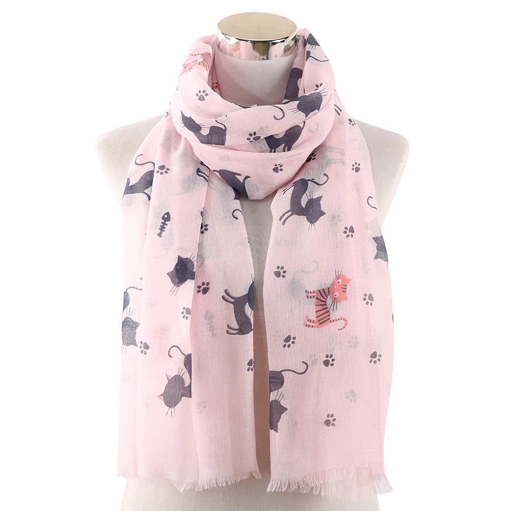 HUOBAO New Women Scarf Cat Printed Foulard Femme Animal Print Bufanda Mujer Scarves Shawl Wraps Mother Gifts