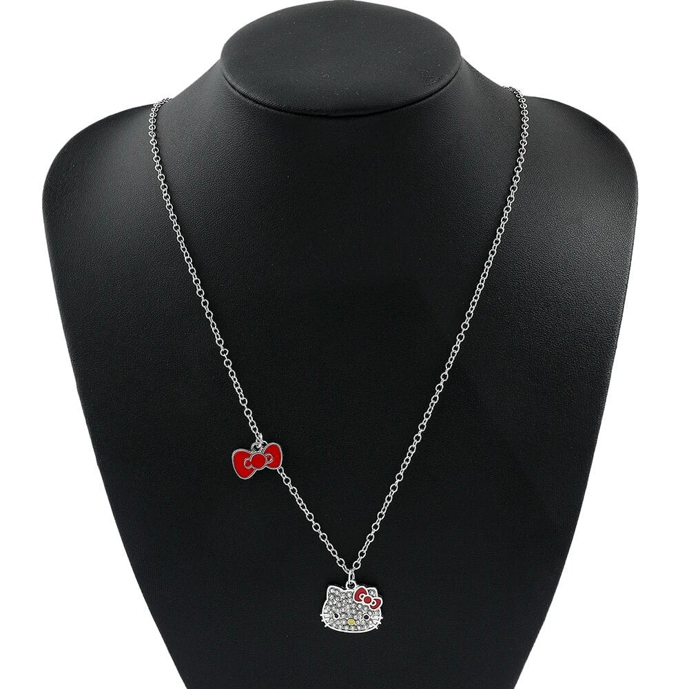 Kawaii Hello Kitty Necklace Kt Cat Love Heart Full Rhinestones Pendant Necklace Sanrio Cartoon Jewelry for Women Accessories
