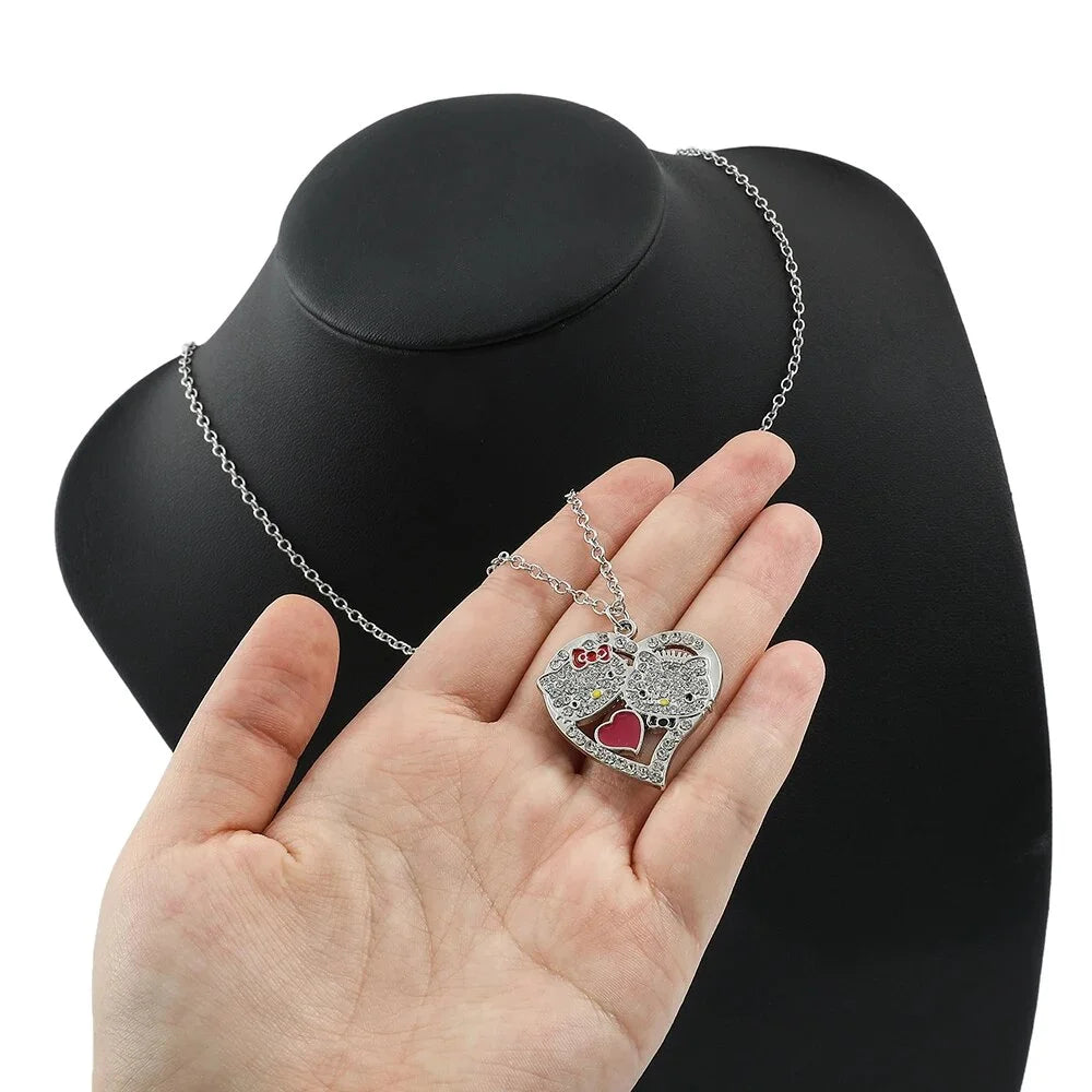 Kawaii Hello Kitty Necklace Kt Cat Love Heart Full Rhinestones Pendant Necklace Sanrio Cartoon Jewelry for Women Accessories