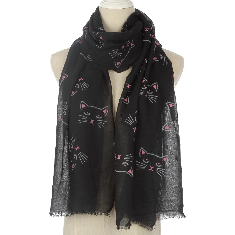 HUOBAO New Women Scarf Cat Printed Foulard Femme Animal Print Bufanda Mujer Scarves Shawl Wraps Mother Gifts