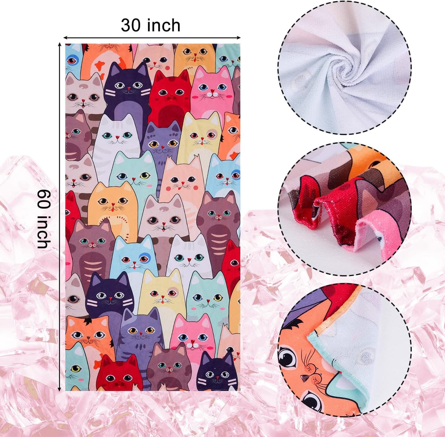 Large Kitten Cat Beach Towel, 30" X 60" Soft Microfiber, Absorbent, Quick Dry, Sand Free, Light, Multiuse for Bath, Pool, Swim, Cute Cat Gifts