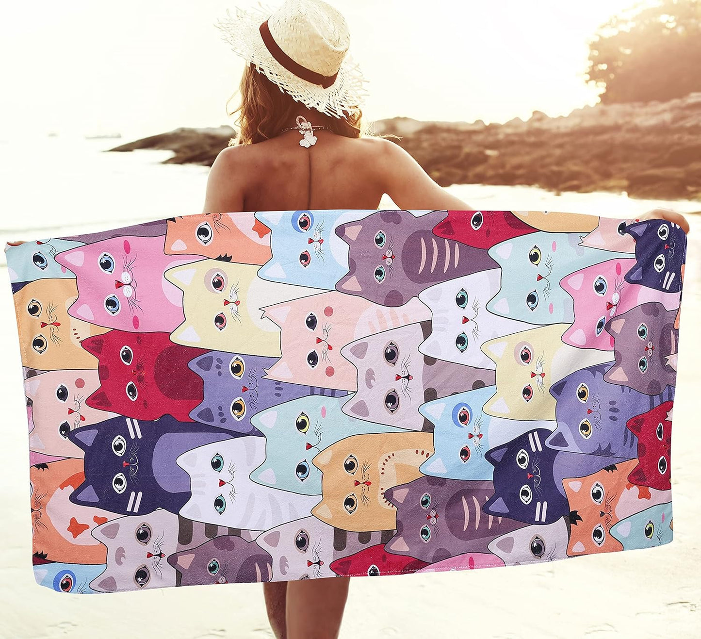 Large Kitten Cat Beach Towel, 30" X 60" Soft Microfiber, Absorbent, Quick Dry, Sand Free, Light, Multiuse for Bath, Pool, Swim, Cute Cat Gifts