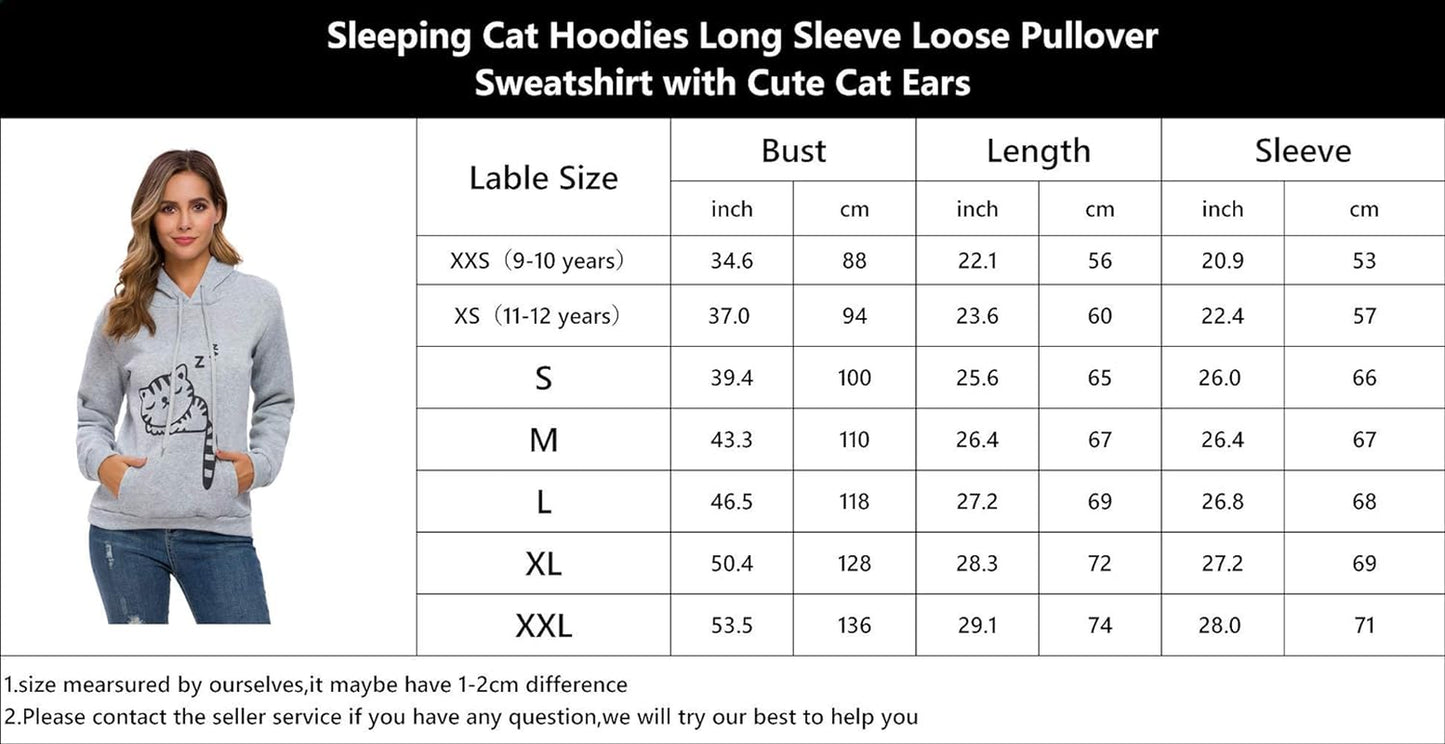 Women Teen Girls Cat Hoodie Sweatshirt Cute Cat Ear Sleeping Cat Printed Pullover Sweatshirt
