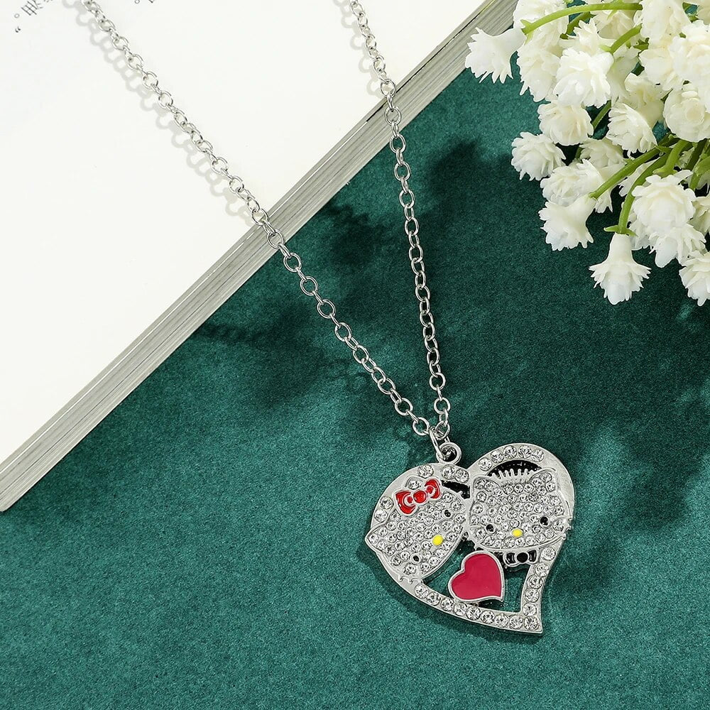 Kawaii Hello Kitty Necklace Kt Cat Love Heart Full Rhinestones Pendant Necklace Sanrio Cartoon Jewelry for Women Accessories