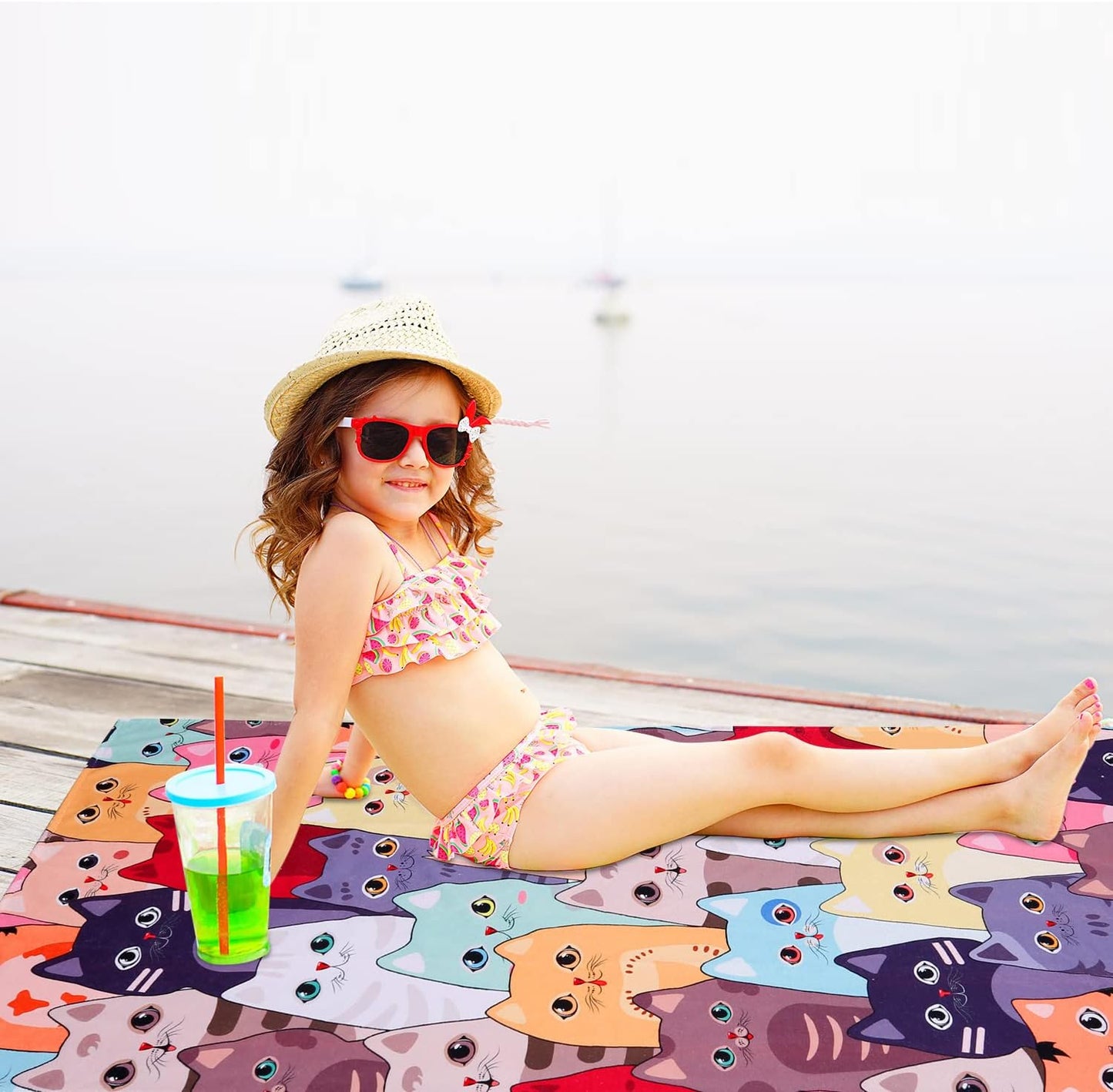 Large Kitten Cat Beach Towel, 30" X 60" Soft Microfiber, Absorbent, Quick Dry, Sand Free, Light, Multiuse for Bath, Pool, Swim, Cute Cat Gifts