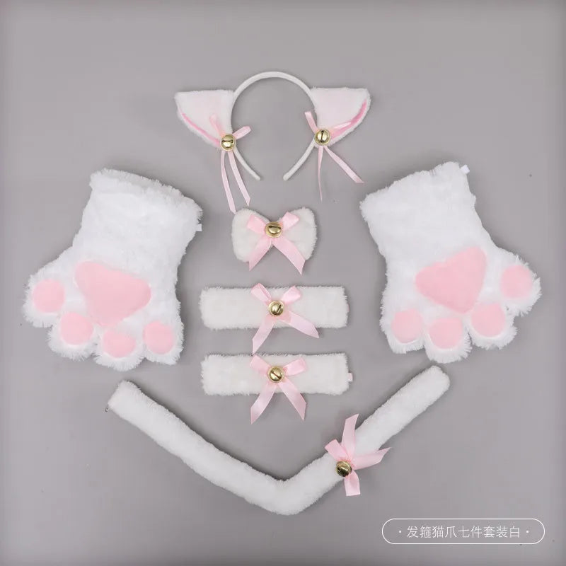 Cat Girl Anime Cosplay Costume Accessory Bell Hairwear Hairbands with Cat Ears Neko Lolita Maid Plush Glove Tail Paw Ear
