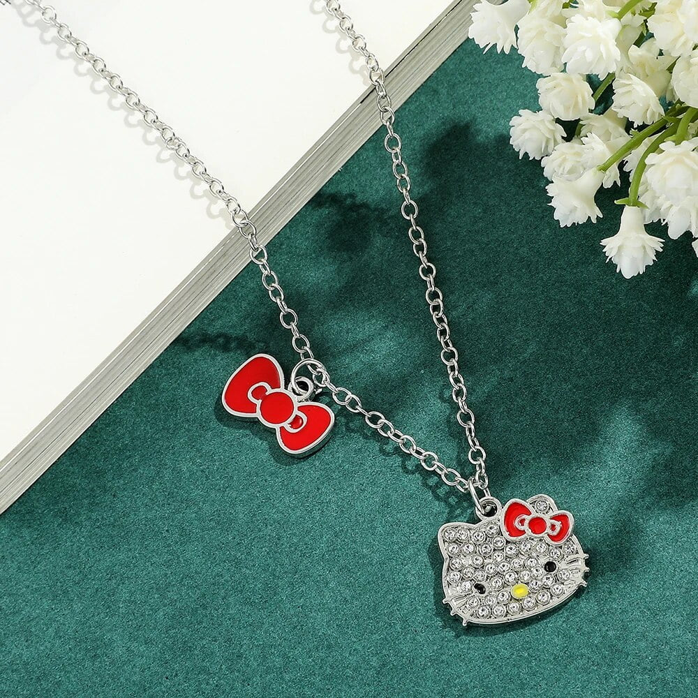 Kawaii Hello Kitty Necklace Kt Cat Love Heart Full Rhinestones Pendant Necklace Sanrio Cartoon Jewelry for Women Accessories