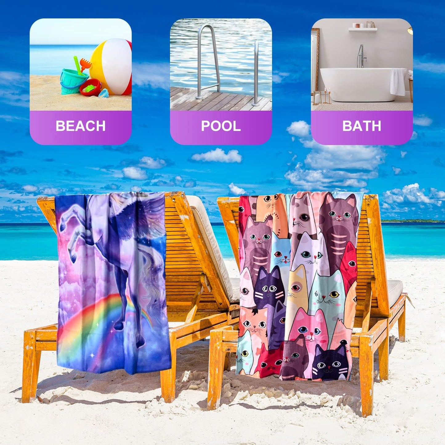 Large Kitten Cat Beach Towel, 30" X 60" Soft Microfiber, Absorbent, Quick Dry, Sand Free, Light, Multiuse for Bath, Pool, Swim, Cute Cat Gifts