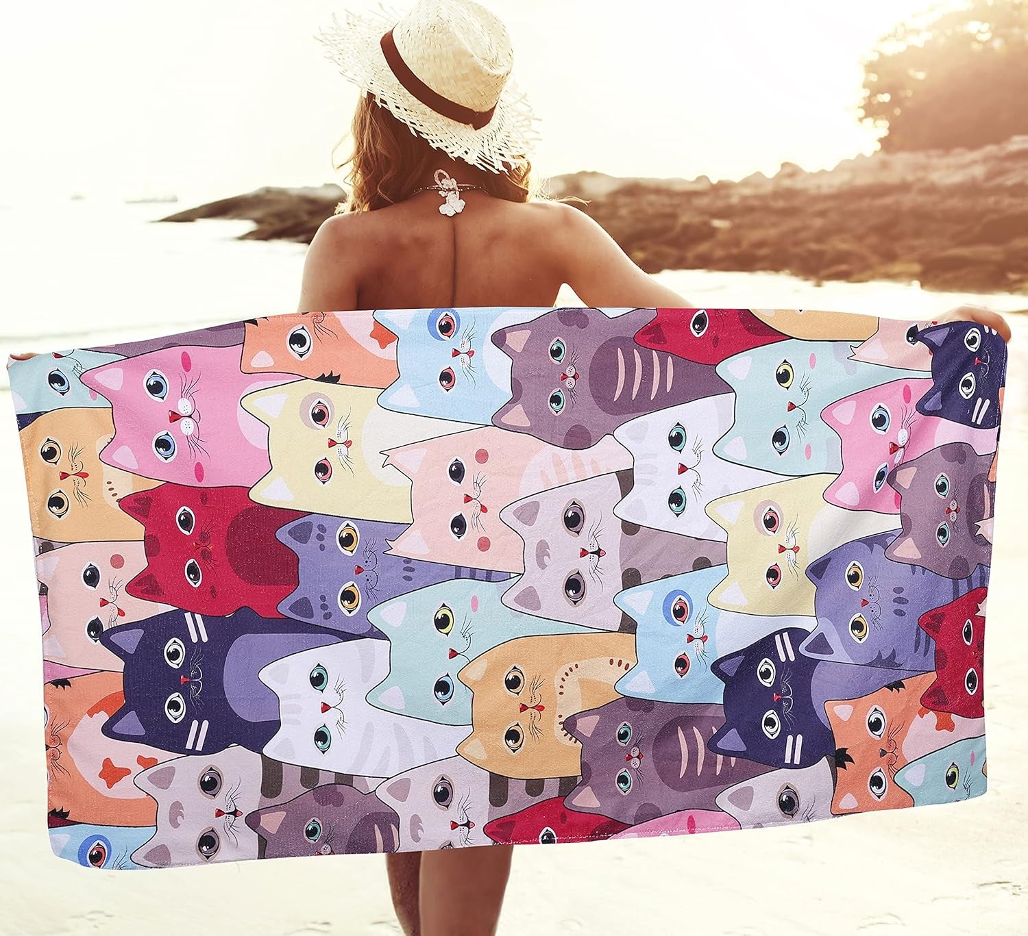 Large Kitten Cat Beach Towel, 30" X 60" Soft Microfiber, Absorbent, Quick Dry, Sand Free, Light, Multiuse for Bath, Pool, Swim, Cute Cat Gifts