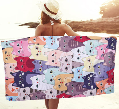 Large Kitten Cat Beach Towel, 30" X 60" Soft Microfiber, Absorbent, Quick Dry, Sand Free, Light, Multiuse for Bath, Pool, Swim, Cute Cat Gifts