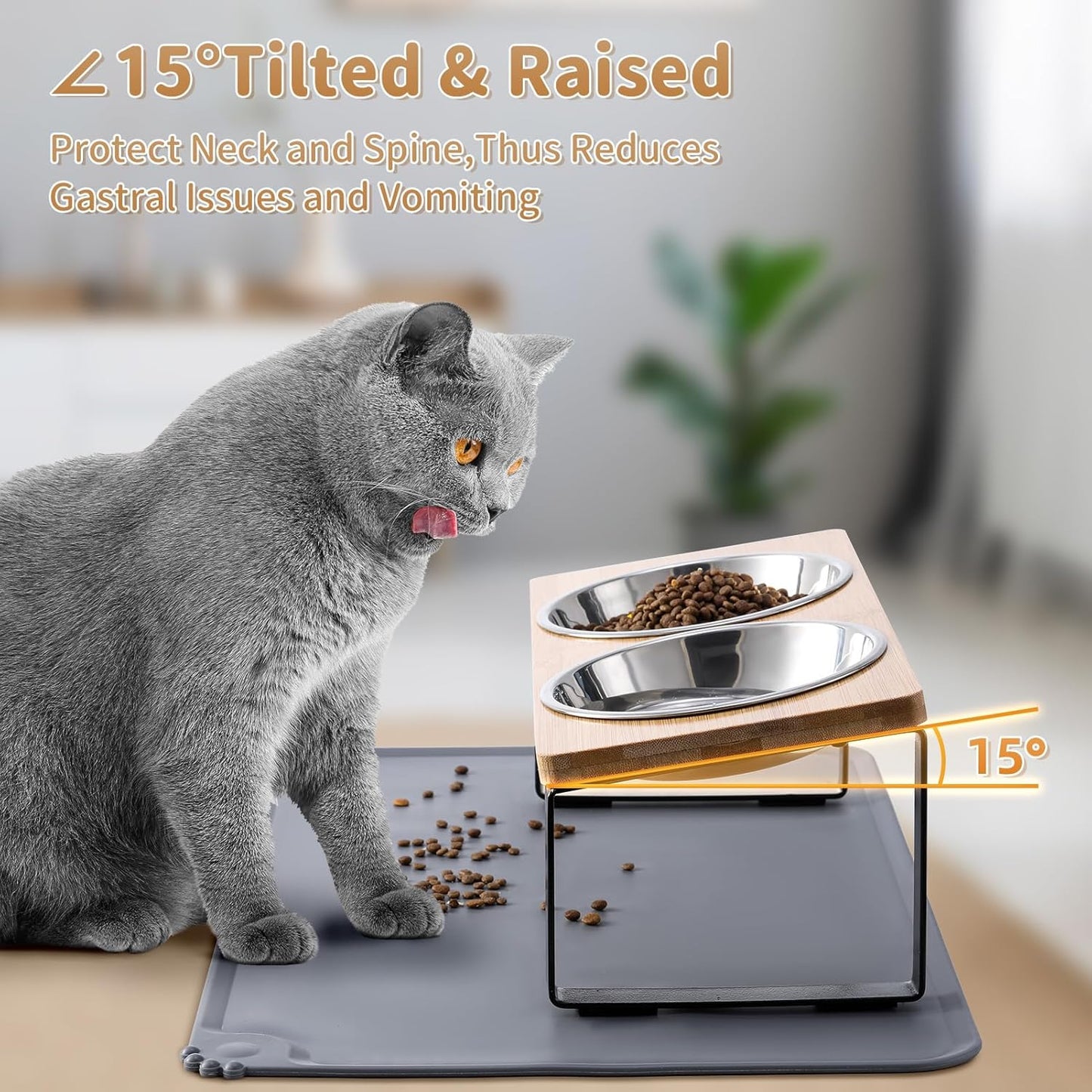 Elevated Cat Bowls w/ 15° Anti-Vomiting Stand