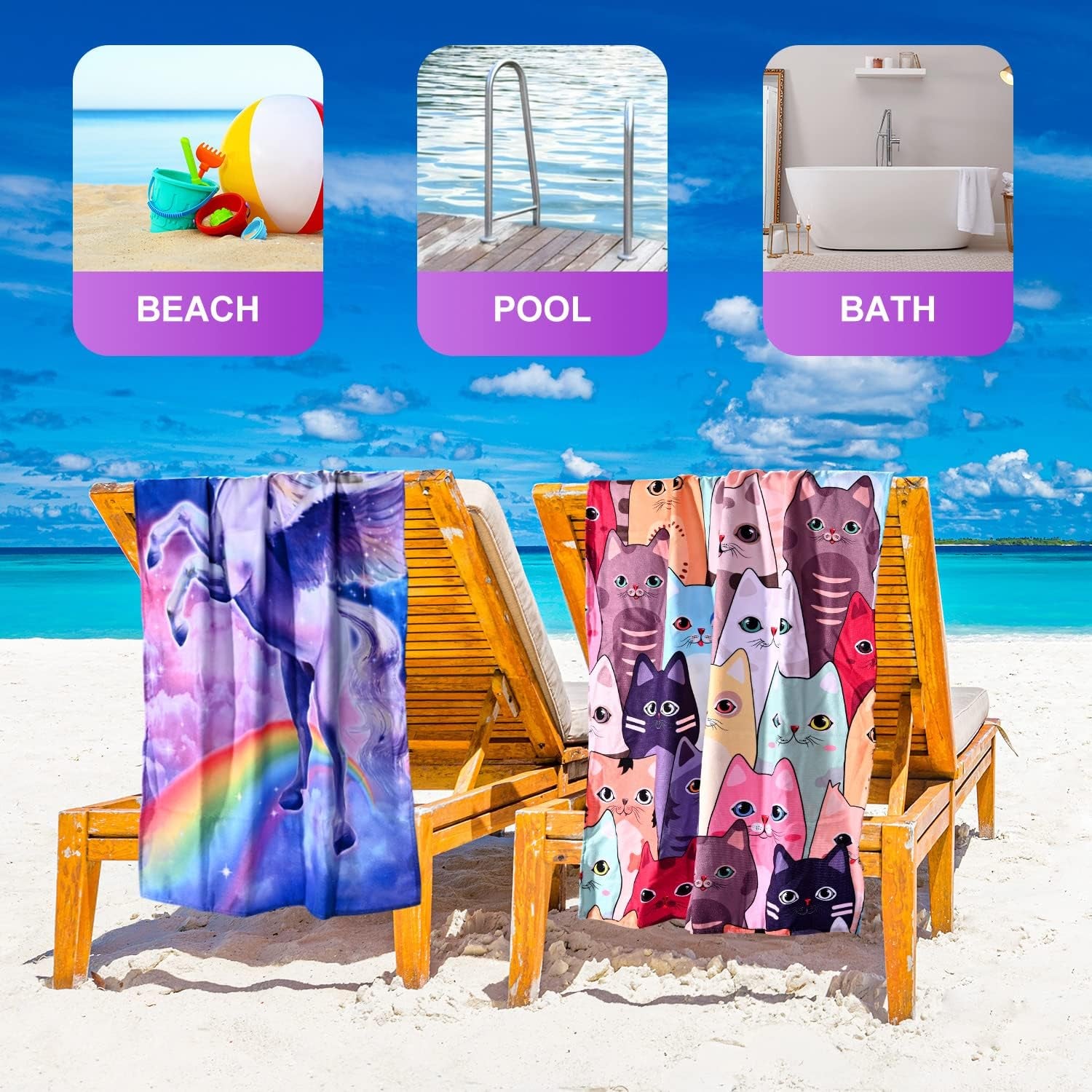 Large Kitten Cat Beach Towel, 30" X 60" Soft Microfiber, Absorbent, Quick Dry, Sand Free, Light, Multiuse for Bath, Pool, Swim, Cute Cat Gifts